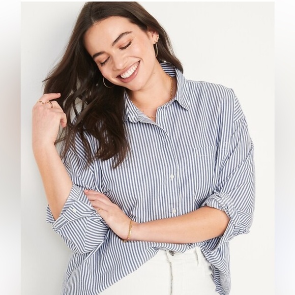 Old Navy Tops - Old Navy Oversized Blue Striped Boyfriend Shirt Size Large